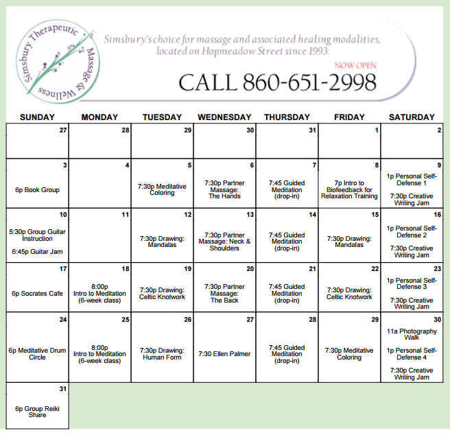 STM Class Calendar January 2016 Simsbury Therapeutic Massage & Wellness